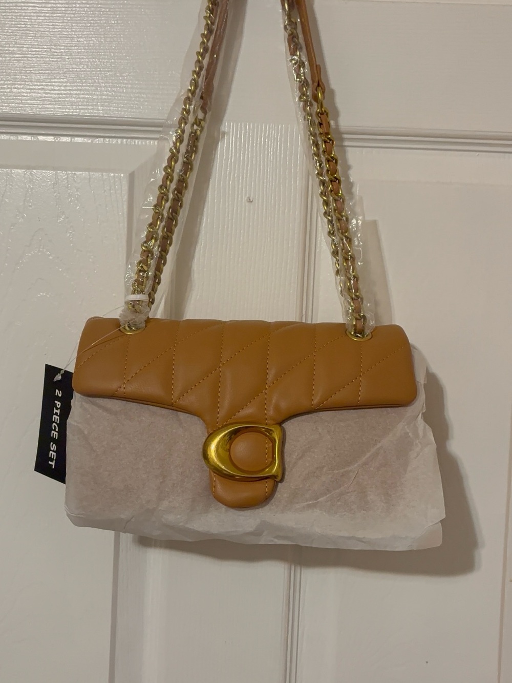 Quilted Tan Crossbody Bag with Gold Chain and Clasp